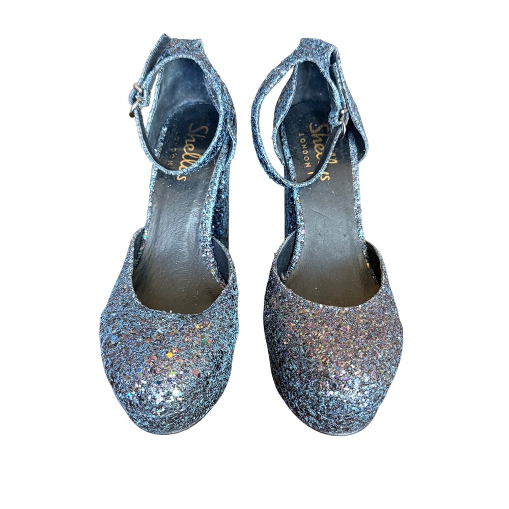 Shellys London Womens Blue Glitter Platform Block Heel Ankle Strap Size 37 6.5 - Picture 3 of 8